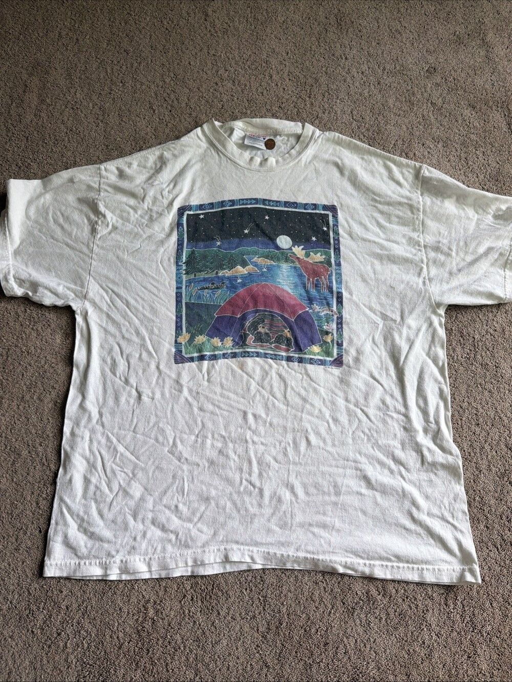 Vintage Jim Morris Bear Camping Under The Stars Graphic Shirt Mens XL 1998